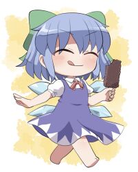  1girl :q ^_^ barefoot blue_dress blue_hair blush border bow chibi chibi_only cirno closed_eyes closed_mouth collared_shirt commentary_request dress food full_body green_bow hair_between_eyes hair_bow highres holding holding_food holding_ice_cream ice ice_cream ice_wings neck_ribbon outside_border pinafore_dress red_ribbon ribbon rokugou_daisuke shirt short_hair short_sleeves signature sleeveless sleeveless_dress smile solo standing tongue tongue_out touhou v-shaped_eyebrows white_border white_shirt wings yellow_background 