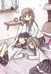  3girls alarm_clock amakaze_sora arm_up bed black_hair black_sailor_collar black_skirt black_socks black_thighhighs blue_eyes blush brown_hair clock closed_mouth commentary_request curtains feet_out_of_frame hair_ornament hairclip indoors long_hair long_sleeves lying multiple_girls neckerchief no_shoes on_back on_bed on_side open_mouth original pillow pink_eyes pink_neckerchief pleated_skirt puffy_long_sleeves puffy_sleeves sailor_collar school_uniform serafuku shelf shirt skirt smile socks thigh-highs white_shirt window yuri 