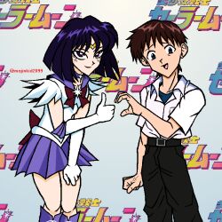  1boy 1girl back_bow bishoujo_senshi_sailor_moon black_pants bow bowtie brown_hair choker circlet collarbone commentary copyright_logo crossover elbow_gloves english_commentary gloves heart_hands_failure highres ikari_shinji logo looking_at_viewer magical_girl majinkid2099 neon_genesis_evangelion open_mouth pants pleated_skirt purple_choker purple_hair purple_skirt red_bow red_bowtie sailor_saturn sailor_senshi sailor_senshi_uniform school_uniform shirt short_hair skirt smile thumbs_up tokyo-3_middle_school_uniform tomoe_hotaru twitter_username violet_eyes white_gloves white_shirt 