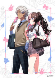  1boy 1girl absurdres artist_name bag black_choker black_nails black_necktie blue_eyes bow bowtie brown_hair brown_sweater_vest cellphone choker collared_shirt commentary cropped_legs dark-skinned_male dark_skin drink_carton drinking_straw drinking_straw_in_mouth ear_piercing earrings flip_phone green_eyes grey_hair gyaru hair_ornament hairclip highres holding holding_drink_carton holding_juice_box ibrahim_(8th_costume)_(nijisanji) ibrahim_(nijisanji) jewelry juice_box long_hair long_sleeves miniskirt mosako multicolored_eyes multicolored_hair nail_polish necktie nijisanji pants parted_lips pearl_hairband phone piercing pink_hair pink_nails pink_scrunchie plaid_clothes plaid_pants ponytail school_bag school_uniform scrunchie shirt shirt_tucked_in short_hair skirt strawberry_milk stud_earrings sweater_vest tachibana_hinano tachibana_hinano_(school_uniform) twitter_username two-tone_eyes two-tone_hair untranslatable_commentary virtual_youtuber vspo! white_background white_shirt wrist_scrunchie 