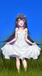  ahoge bare_shoulders black_hair blunt_bangs blush breasts chromashift commentary dress earrings field grass highres holding_own_dress jewelry long_hair loose_hair_strand open_mouth purple_hair roca_rourin small_breasts solo tall_grass twrlare untranslatable_commentary violet_eyes white_dress 