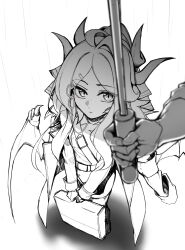  1boy 1girl absurdres armband blue_archive briefcase coat coat_on_shoulders commentary_request demon_wings foreshortening from_above highres hina_(blue_archive) holding holding_briefcase holding_umbrella horns hyang_zo95 jacket korean_commentary long_hair looking_at_viewer miniskirt multiple_horns out_of_frame rain sensei_(blue_archive) simple_background skirt solo_focus umbrella white_background wings 