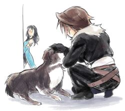  1boy 1girl angelo_(ff8) arm_up black_boots black_gloves black_hair black_jacket black_pants blue_cardigan boots brown_hair cardigan commentary_request dog final_fantasy final_fantasy_viii fur-trimmed_jacket fur_trim gloves headpat jacket long_hair medu_(rubish) on_one_knee open_mouth pants rinoa_heartilly shirt short_hair sketch squall_leonhart white_background white_shirt 