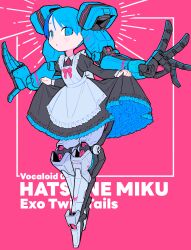  1girl absurdres apron arms_on_head black_dress blue_eyes blue_hair bow closed_mouth clothes_lift collared_dress cross-laced_clothes cross-laced_top curtsey cyborg dot_mouth dress emphasis_lines english_text extra_arms frilled_apron frilled_dress frills hatsune_miku highres iwako_(eiken3kyuboy) juliet_sleeves light_blush long_sleeves looking_at_viewer maid maid_apron mecha_musume mechanical_arms mechanical_hair mechanical_legs petticoat pink_background pink_bow puffy_sleeves skirt skirt_lift vocaloid 