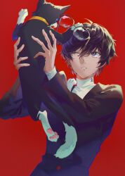  1boy amamiya_ren animal animal_collar arms_up black-framed_eyewear black_coat black_hair blue_eyes cat coat collar double-parted_bangs fajyobore fangs glasses highres holding holding_animal layered_sleeves looking_at_another male_focus morgana_(cat)_(persona_5) morgana_(persona_5) multicolored_cat one_eye_closed open_mouth parted_lips persona persona_5 red_background sanpaku school_uniform shirt shuujin_academy_school_uniform simple_background unworn_eyewear upper_body white_shirt yellow_collar 