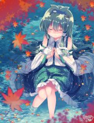  1girl antenna_hair autumn autumn_leaves bare_shoulders blue_bow blue_skirt bow closed_eyes closed_mouth collar collared_shirt colored_eyelashes commentary_request detached_sleeves falling_leaves frilled_collar frilled_skirt frills frog_hair_ornament green_hair hair_ornament hair_tubes headband highres in_water kemo_chiharu kochiya_sanae leaf long_hair long_skirt long_sleeves own_hands_together print_skirt ripples river shirt single_hair_tube single_sidelock sitting skirt smile snake_hair_ornament solo touhou very_long_hair water wet wet_clothes wide_sleeves 