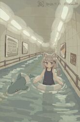  1girl animal_ears blue_one-piece_swimsuit ceiling_light closed_mouth colon_br commentary_request dated dot_mouth flood grey_eyes grey_hair hair_ornament highres innertube looking_at_viewer one-piece_swimsuit original partially_submerged poster_(object) school_swimsuit shark shark_hair_ornament short_hair solo subway_station swim_ring swimsuit tail tile_wall tiles twitter_username x_hair_ornament 