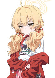  1girl absurdres ahoge blonde_hair blue_archive blush clutching_clothes commentary halo highres jacket long_hair looking_at_viewer low_twintails official_alternate_costume open_clothes pink_skirt pleated_skirt red_jacket red_ribbon ribbon shirt simple_background skirt solo sticker twintails uefw8437 white_background white_shirt yellow_halo yoshimi_(band)_(blue_archive) yoshimi_(blue_archive) 