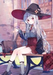  1girl :o ankle_socks aran_sweater arched_window bag bench black_bag black_bow black_hat black_shoes blush bow brick_wall cable_knit collared_shirt commentary commission cross_pendant day diagonal-striped_clothes diagonal-striped_necktie full_body grey_hair grey_socks grey_sweater hat hat_bow heripiro high-waist_skirt highres layered_sleeves loafers long_hair long_sleeves looking_at_viewer miniskirt necktie on_bench original outdoors park_bench parted_lips penny_loafers pink_eyes plaid_clothes plaid_shawl pleated_skirt red_shawl red_skirt shawl shirt shoes sitting skeb_commission skirt socks solo straight_hair striped_clothes striped_necktie sweater sweater_tucked_in two-tone_necktie unworn_shawl v-neck very_long_hair white_shirt window witch_hat 