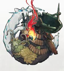  artist_name blue_sclera chi-yu_(pokemon) chien-pao colored_sclera commentary_request highres leaf narrowed_eyes no_humans odo_7ta orange_sclera outline pokemon pokemon_(creature) pokemon_focus red_sclera signature simple_background ting-lu v-shaped_eyes white_background white_eyes white_outline wo-chien 