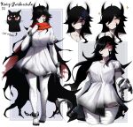  1girl absurdres bandaged_arm bandaged_leg bandages black_hair blush breasts cat chain character_name commentary cuffs dress english_commentary frown hair_over_one_eye highres horns kory_gardentale kory_gardentale_(cat) large_breasts long_hair original rageman709 red_eyes red_scarf scarf shackles shaded_face short_dress smile torn_clothes torn_dress torn_scarf very_long_hair white_dress 