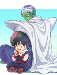  2boys ^_^ age_difference akuto013 apple aqua_background black_eyes black_hair blue_sash cape child closed_eyes colored_skin commentary_request dougi dragon_ball dragon_ball_z eating food fruit green_skin halftone hands_up highres holding holding_food holding_fruit looking_at_another looking_down low_ponytail male_focus multiple_boys open_mouth pants pants_tucked_in piccolo pointy_ears ponytail purple_pants purple_shirt red_sash red_shoes sash scarf shirt shoes short_hair sitting sleeveless sleeveless_shirt smile son_gohan turban waist_sash white_cape white_scarf white_turban wristband 