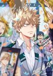  1girl 6+boys :d arm_up artist_name ashido_mina bakugou_katsuki black_sclera blazer blonde_hair blue_hair blurry blurry_foreground boku_no_hero_academia burn_scar cellphone character_request closed_mouth collarbone collared_shirt colored_sclera colored_skin commentary_request confetti dark_blue_hair dated day depth_of_field english_commentary frown glasses green_skirt grey_jacket hair_between_eyes hand_up happy_birthday highres iida_tenya indoors jacket kaminari_denki lapels long_sleeves looking_at_another male_focus midoriya_izuku mixed-language_commentary motion_blur multiple_boys necktie open_mouth parted_bangs phone phone_screen pink_hair pink_skin rectangular_eyewear red_eyes red_necktie redhead salt_-_siomsb scar scar_on_face school_uniform shirt signature skirt smartphone smile spiky_hair teeth todoroki_shouto tongue u.a._school_uniform upper_body v-shaped_eyebrows white_shirt window wing_collar yellow_eyes 