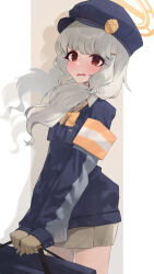  1girl absurdres aoba_(blue_archive) armband bag blue_archive blush bow bowtie brown_skirt commentary_request cowboy_shot gloves grey_hair grey_skirt halo hat highres holding holding_bag jacket long_hair long_sleeves looking_at_viewer n_y_a open_mouth red_eyes skirt solo twintails yellow_bow yellow_bowtie 