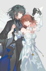  1boy 1girl ahoge black_gloves commentary_request dress earrings eduoheshui fate/grand_order fate_(series) fujimaru_ritsuka_(female) gloves grey_eyes hair_between_eyes hair_ornament highres insect_wings jewelry looking_at_viewer oberon_(fate) oberon_(third_ascension)_(fate) orange_hair short_hair smile suit white_dress wings yellow_eyes 