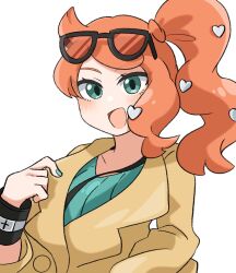  1girl :d black-framed_eyewear bracelet commentary eyelashes eyewear_on_head green_eyes green_nails green_shirt hair_ornament hand_up heart heart_hair_ornament highres jacket jewelry nail_polish one_side_up open_mouth orange_hair pokemon pokemon_sword_and_shield ribbed_shirt ryokukoucha shirt simple_background single_sidelock smile solo sonia_(pokemon) sunglasses upper_body white_background yellow_jacket 