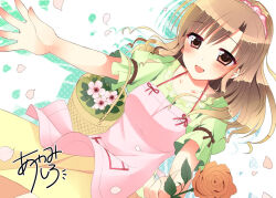  1girl :d apron ayamisiro basket brown_eyes brown_hair collarbone dutch_angle flower green_shirt holding holding_basket holding_flower light_smile long_hair long_skirt looking_at_viewer natsu_koi_high_pressure official_art outstretched_arms petals pink_apron ponytail puffy_short_sleeves puffy_sleeves shirt short_sleeves signature skirt smile yellow_skirt 