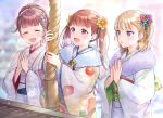  3girls :d ^_^ blonde_hair bow box breath brown_hair closed_eyes donation_box e_(eokiba) flower hair_bow hair_flower hair_ornament hatsumoude japanese_clothes kimono multiple_girls new_year original own_hands_together pink_bow praying smile twintails violet_eyes 