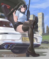  1girl ahoge assault_rifle awa_subaru belt black_hair breasts building car commentary crossed_legs english_commentary feet girls_band_cry gun high_heels highres holding holding_gun holding_weapon large_breasts legs long_hair looking_at_viewer motor_vehicle outdoors pencil_skirt rifle shirt shirt_tucked_in shoes short_sleeves sitting skirt solo thigh-highs thighs violet_eyes weapon white_shirt yukiale 