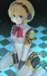  absurdres aegis_(persona) blonde_hair blue_eyes breasts headset highres joints looking_at_viewer nodoameyatou persona persona_3 red_ribbon ribbon robot_girl robot_joints short_hair sitting small_breasts wariza 