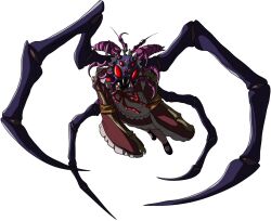  1girl antennae arborix arthropod_girl arthropod_limbs brown_kimono brown_pantyhose commentary english_commentary entoma_vasilissa_zeta extra_eyes extra_legs facing_viewer fangs japanese_clothes kimono long_sleeves maid maid_headdress monster_girl overlord_(maruyama) pantyhose purple_hair red_eyes red_ribbon ribbon short_hair sleeves_past_fingers sleeves_past_wrists solo transparent_background 