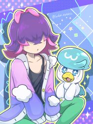 1girl black_tank_top blue_background blue_eyes bright_pupils cardigan collarbone commentary_request dot_(pokemon) green_pants long_sleeves open_mouth outline pants parted_lips pink_cardigan pokemon pokemon_(anime) pokemon_(creature) pokemon_horizons purple_hair quaxly reverse_trap runachikku short_hair sitting tank_top white_pupils yellow_outline