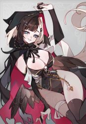  bandaged_leg bandages blue_eyes breasts brown_hair cape chain character_request cleavage_cutout clothing_cutout commentary commission copyright_request elf_exar english_commentary hair_ornament hairclip head_tilt highres hood hooded_cape large_breasts looking_at_viewer mole multicolored_hair skull smile thigh-highs two-tone_hair vgen_commission white_hair wings 