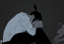  1boy artist_name black_hair black_pantyhose chainsaw_man commentary crying english_commentary grey_background greyscale hands_on_own_face hayakawa_aki jen_bartel male_focus monochrome open_mouth pantyhose ponytail shirt short_hair short_ponytail sitting solo tears white_shirt 