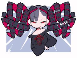  1girl :p artist_logo asymmetrical_bangs bare_shoulders black_shirt breasts cropped_torso cross-laced_clothes cross-laced_top cyborg grey_background grey_hair half-closed_eyes hand_on_own_hip highres iwako_(eiken3kyuboy) logo looking_at_viewer mecha_musume mechanical_hair medium_breasts original red_eyes shirt single_eyebrow smug tongue tongue_out twitter_username two-tone_background white_background 