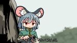  1girl animal_ears black_shirt blush capelet check_translation closed_mouth commando_(movie) commentary_request dot_nose dress expressionless green_capelet grey_hair gun highres kasuya_baian long_sleeves medium_hair meme mouse_ears mouse_girl nazrin red_eyes reloading shirt touhou translation_request upper_body weapon 
