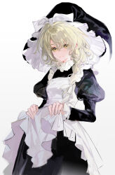  1girl absurdres apron black_dress black_hat braid brown_hair chinese_commentary closed_mouth commentary_request cowboy_shot dress embodiment_of_scarlet_devil frooooty hat highres holding_apron holding_own_dress juliet_sleeves kirisame_marisa long_hair long_sleeves looking_at_viewer puffy_sleeves side_braid simple_background single_braid solo touhou white_apron white_background witch_hat yellow_eyes 
