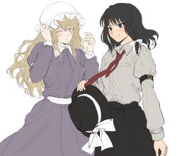  2girls black_eyes black_hair black_hat black_skirt blonde_hair blush bow breast_pocket closed_mouth collared_dress collared_shirt commentary_request contrast_collar cowboy_shot dress hair_bow hat hat_bow highres holding holding_unworn_clothes holding_unworn_hat korean_commentary kuya_(hey36253625) light_smile long_hair long_sleeves maribel_hearn medium_hair multiple_girls necktie one_eye_closed pocket purple_dress red_necktie shirt shirt_tucked_in simple_background skirt touhou unworn_hat unworn_headwear usami_renko white_background white_bow white_shirt yellow_eyes 