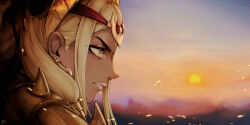  1girl absurdres armor blonde_hair blurry blurry_background close-up closed_mouth commentary dark-skinned_female dark_skin depth_of_field earrings fake_horns fire_emblem fire_emblem:_fortune's_weave from_side gradient_background gradient_sky green_eyes hair_ornament headpiece highres horns jewelry kryomax mixed-language_commentary multicolored_sky orange_sky outdoors pink_lips scenery serious shade sky solo sun sunset theodora_(fire_emblem) upper_body v-shaped_eyebrows 
