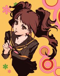  1girl biting black_shirt brown_hair commentary earrings floral_background from_above glasses holding holding_removed_eyewear jewelry kujikawa_rise long_hair long_sleeves looking_at_viewer looking_up moshimoshibe neckerchief parted_lips pearl_earrings persona persona_4 pink-framed_eyewear pink_background school_uniform shadow shirt skirt solo standing twintails unworn_eyewear yasogami_school_uniform yellow_eyes yellow_neckerchief 