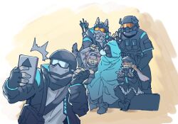  1other 2girls 3boys ^^^ animal_ears arknights black_jacket cat_ears chinese_commentary commentary_request covered_face doctor_(arknights) goggles group_picture helmet highres jacket lop_rabbit_ears multiple_boys multiple_girls nose_bubble rabbit_ears rc4213 reserve_operator_caster_(arknights) reserve_operator_defender_(arknights) reserve_operator_medic_(arknights) reserve_operator_sniper_(arknights) reserve_operator_vanguard_(arknights) rhodes_island_uniform selfie sitting sleeping sleeping_upright thumbs_up v wrapped_in_blanket 
