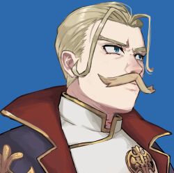  1boy blonde_hair blue_background blue_eyes closed_mouth commentary_request facial_hair highres military_uniform mustache senridge_norgalle simple_background solo suyansuya yuushakei_ni_shosu 