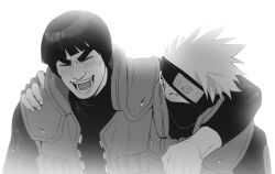  2boys arm_around_shoulder black_gloves black_hair black_headband black_mask blunt_bangs blush bodysuit bowl_cut cheekbones closed_eyes commentary_request fingerless_gloves flak_jacket gloves grey_hair greyscale hatake_kakashi headband headband_over_one_eye highres intelli_intel jacket konohagakure_shinobi_uniform konohagakure_symbol korean_commentary laughing male_focus mask might_guy monochrome mouth_mask multiple_boys naruto_(series) open_mouth smile spiky_hair thick_eyebrows upper_body white_background 