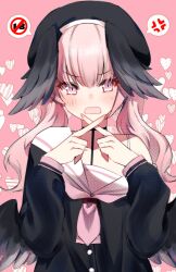  1girl absurdres anger_vein beret black_choker black_hat black_shirt black_wings blue_archive blush choker commentary_request content_rating feathered_wings hair_between_eyes hands_up hat head_wings heart heart_background highres koharu_(blue_archive) long_hair long_sleeves low_wings momokokuma neckerchief open_mouth pink_background pink_eyes pink_hair pink_neckerchief sailor_collar school_uniform serafuku shirt simple_background single_bare_shoulder solo speech_bubble spoken_anger_vein twintails upper_body v-shaped_eyebrows white_sailor_collar wings x_fingers 