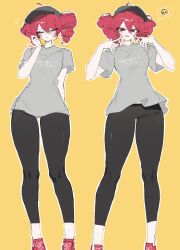  1girl absurdres ahoge arm_behind_back baseball_cap black_pantyhose breasts closed_eyes closed_mouth drill_hair feet_out_of_frame fingers_to_cheeks flying_sweatdrops grey_shirt hair_between_eyes hand_up hat highres kasane_teto large_breasts light_blush looking_at_viewer medium_hair multiple_views narrow_waist open_mouth outline pantyhose red_eyes red_hair red_shoes shirt shoelaces shoes short_sleeves sidelocks simple_background speech_bubble standing sweatdrop thighs twin_drills ummwa utau white_outline yellow_background 