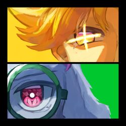  2boys aoyagi_umaizo black_border blonde_hair border close-up colored_skin deltarune english_commentary flowery_(deltarune) furry furry_male green_background highres horns looking_at_viewer male_focus multiple_boys pink_horns ralsei red_eyes round_eyewear sparkling_eyes utdr_(toby_fox) white_fur yellow_background yellow_eyes yellow_skin 