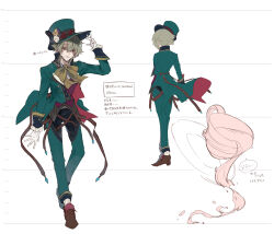  1boy arm_up brown_shoes character_name closed_mouth commentary_request cup ear_piercing from_behind gloves green_hair green_hat green_jacket hair_between_eyes hat highres hosato_mikine jacket looking_at_viewer male_focus neck_ribbon official_art piercing project_grimms red_shoes red_vest ribbon shoes short_hair socks spilling standing teacup top_hat translation_request vest white_gloves white_socks 