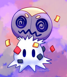  angelrosestar commentary cosplay full_body highres mimikyu no_humans pokemon pokemon_(creature) pokemon_focus purple_background solid_oval_eyes solo spewpa spewpa_(cosplay) twitter_username 