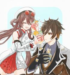  1boy 1girl black_gloves brown_hair chinese_clothes cocktail cocktail_glass commentary_request cup detached_sleeves drinking_glass earrings eyeliner eyeshadow eyewear_on_head formal_clothes genshin_impact gloves gradient_hair hair_between_eyes hat highres hu_tao_(cherries_snow-laden)_(genshin_impact) hu_tao_(genshin_impact) jacket jewelry long_hair long_sleeves makeup multicolored_hair necktie official_alternate_costume one_eye_closed open_mouth piyopiyo21562 red-tinted_eyewear red_eyeshadow red_goggles red_skirt round_eyewear single_earring skirt smile tassel tassel_earrings thigh-highs tinted_eyewear twintails white_hat white_necktie yellow_eyes zhongli_(genshin_impact) 