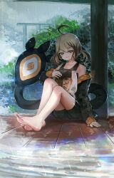  1girl absurdres advarcher ahoge bare_shoulders barefoot black_jacket black_tank_top blonde_hair breasts brown_hair closed_mouth clouds cloudy_sky commentary english_commentary faker_(person) full_body gigi_murin highres hololive hololive_english jacket long_sleeves looking_at_viewer multicolored_hair open_clothes open_jacket outdoors pillow pink_eyes rain real_life short_hair sitting sky small_breasts smile tail tank_top twintails two-tone_hair virtual_youtuber 