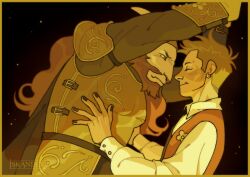  2boys absurdres armor artist_name asgore_dreemurr asgore_dreemurr_(dark_world) beard blonde_hair blush closed_eyes closed_mouth commentary deltarune english_commentary facial_hair flowery_(deltarune) furry furry_male goat_horns gold_armor highres horns iskander_tm kabedon long_hair looking_at_another multiple_boys smile sweatdrop utdr_(toby_fox) 