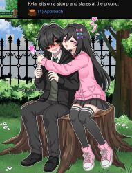  1boy 1girl ^_^ ahoge antenna_hair black_hair black_jacket black_pants black_skirt blush boots bow cardigan closed_eyes collared_shirt couple curled_fingers degrees_of_lewdity dress_shoes english_text flower full_body game_screenshot_inset gate grass green_cardigan green_necktie hair_between_eyes hair_bow hair_over_one_eye heart heart_print hetero highres hood hooded_jacket hug jacket kneehighs knees_together_feet_apart kylar_(degrees_of_lewdity) kylar_(male)_(degrees_of_lewdity) leaning_on_person long_hair looking_at_another makeup messy_hair miniskirt multiple_hair_bows necktie on_tree_stump open_mouth outdoors outline oxfords pants pink_boots pink_cardigan pink_necktie player_character_(degrees_of_lewdity) player_character_(female)_(degrees_of_lewdity) pleated_skirt satxnsbunny school_uniform screenshot_inset shirt shoes short_hair sitting skirt socks surprised tree watermark white_outline white_shirt zettai_ryouiki 