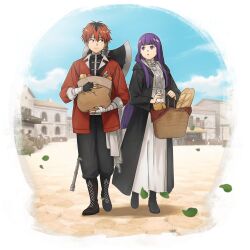  1boy 1girl :o artist_request axe bag baguette basket battle_axe black_boots black_coat black_gloves black_pants black_roots black_tunic blue_sky blunt_bangs boots bread building clouds coat commentary dress english_commentary fern_(sousou_no_frieren) fingerless_gloves food full_body game_asset gloves grand_summoners holding holding_bag holding_basket jacket long_hair long_sleeves looking_at_another market market_stall official_art open_clothes open_coat open_jacket outdoors pants parted_lips purple_hair red_eyes red_hair red_jacket sky smile sousou_no_frieren standing stark_(sousou_no_frieren) third-party_source transparent_background tunic violet_eyes weapon weapon_on_back white_dress 