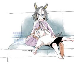  2girls aged_down ahoge animal_ears barefoot black_ribbon black_shorts blue_eyes blush child clothes_grab colored_inner_animal_ears couch curtained_hair dated dot_nose dream_journey_(umamusume) dress frilled_dress frills glasses grey_hair hand_on_another's_stomach hood hoodie horse_ears horse_girl horse_tail lap_pillow looking_at_another looking_down looking_up lying medium_hair multicolored_hair multiple_girls neck_ribbon orange_hair orfevre_(umamusume) purple_dress ribbon semi-rimless_eyewear short_hair shorts siblings sisters sitting smile streaked_hair tail umamusume under-rim_eyewear uzaki_(jiro) white_hoodie white_streaks yokozuwari 