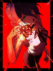  1girl bare_shoulders black_border black_choker black_ribbon black_shorts border breasts chainsaw_man choker collared_shirt explosion green_eyes grenade_pin hair_between_eyes hair_bun highres looking_at_viewer mccheese medium_breasts medium_hair neck_ribbon open_mouth purple_hair red_background reze_(chainsaw_man) ribbon shirt shorts sleeveless sleeveless_shirt solo updo upper_body white_shirt 