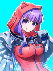  1girl :q animal_ear_hood bb_(fate) bb_cosmo_(fate) blue_background blue_hair breasts commentary_request fate/grand_order fate_(series) finger_to_mouth gloves grey_gloves grey_sleeves highres hood hood_up long_hair pink_hood purple_hair simple_background tongue tongue_out upper_body violet_eyes yotaaaaka 